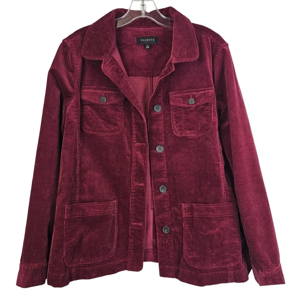 Talbots Corduroy Jacket Womens L Wine Maroon Button Front Classic Casual Trucker